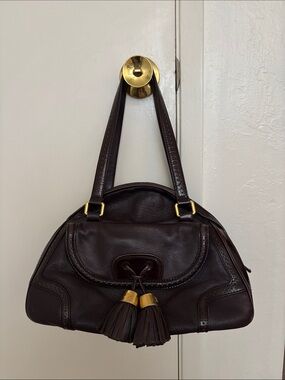 Celine Dark Brown Leather Tassel Shoulder Bowler Bag